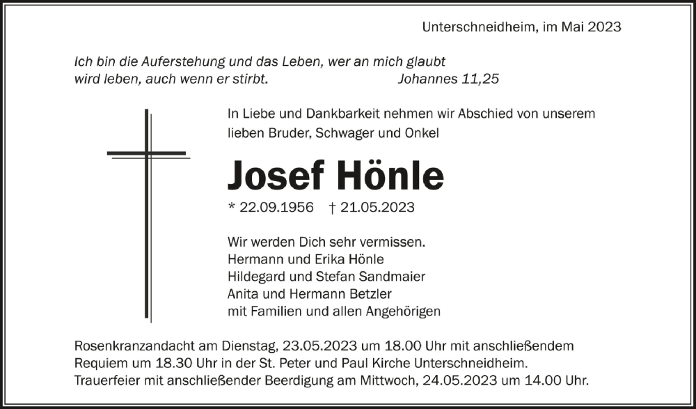  Traueranzeige für Josef Hönle vom 23.05.2023 aus Schwäbische Zeitung