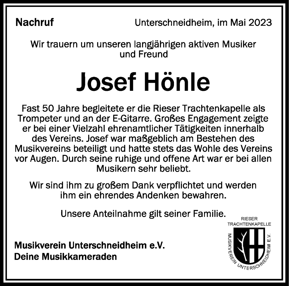  Traueranzeige für Josef Hönle vom 27.05.2023 aus Schwäbische Zeitung