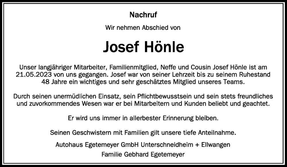  Traueranzeige für Josef Hönle vom 24.05.2023 aus Schwäbische Zeitung