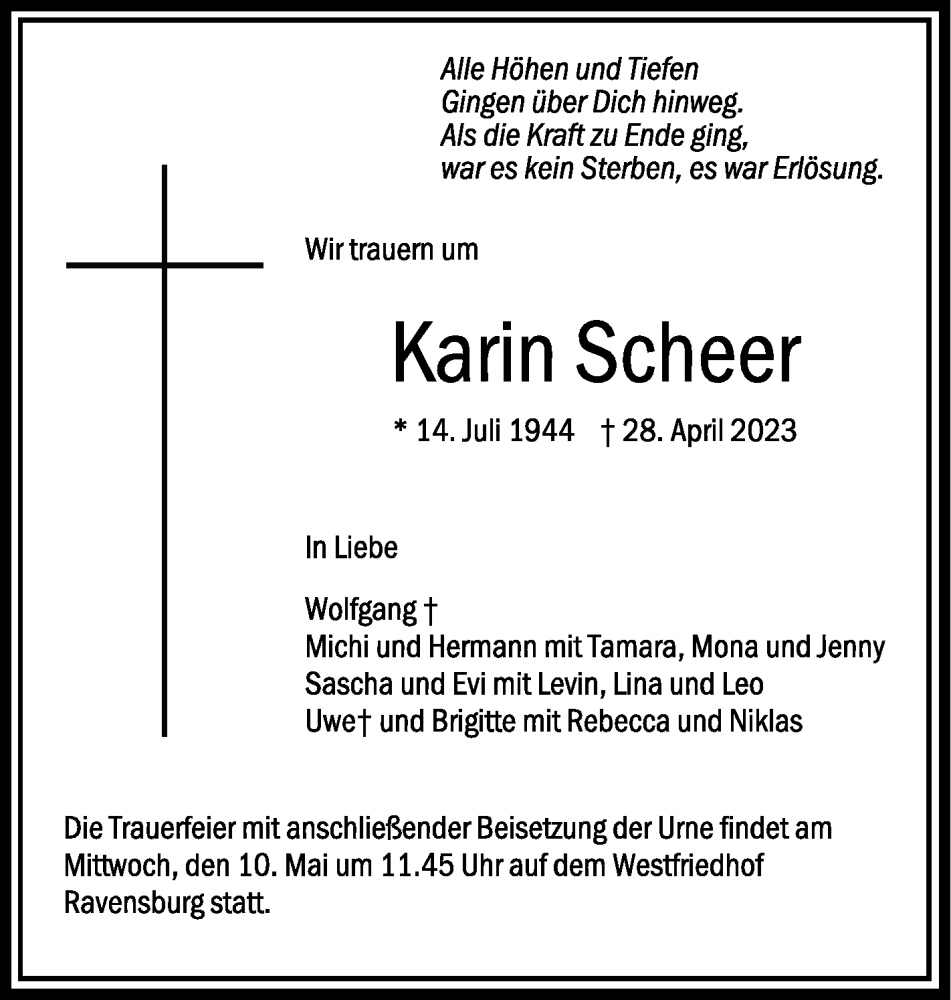  Traueranzeige für Karin Scheer vom 06.05.2023 aus Schwäbische Zeitung