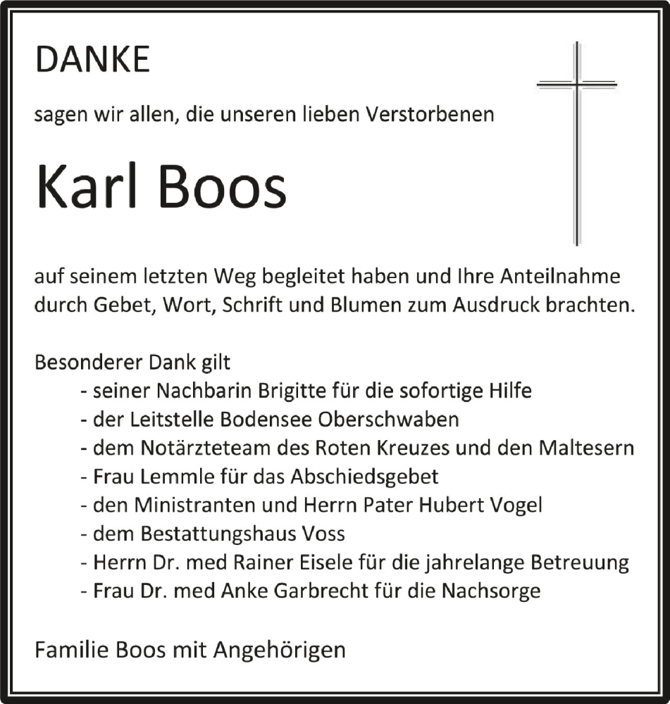  Traueranzeige für Karl Boos vom 06.05.2023 aus Schwäbische Zeitung