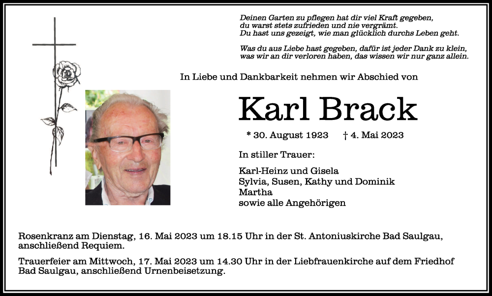  Traueranzeige für Karl Brack vom 13.05.2023 aus Schwäbische Zeitung