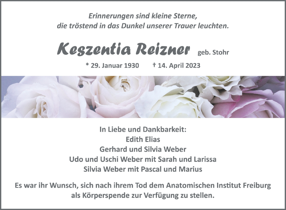  Traueranzeige für Keszentia Reizner vom 06.05.2023 aus Schwäbische Zeitung