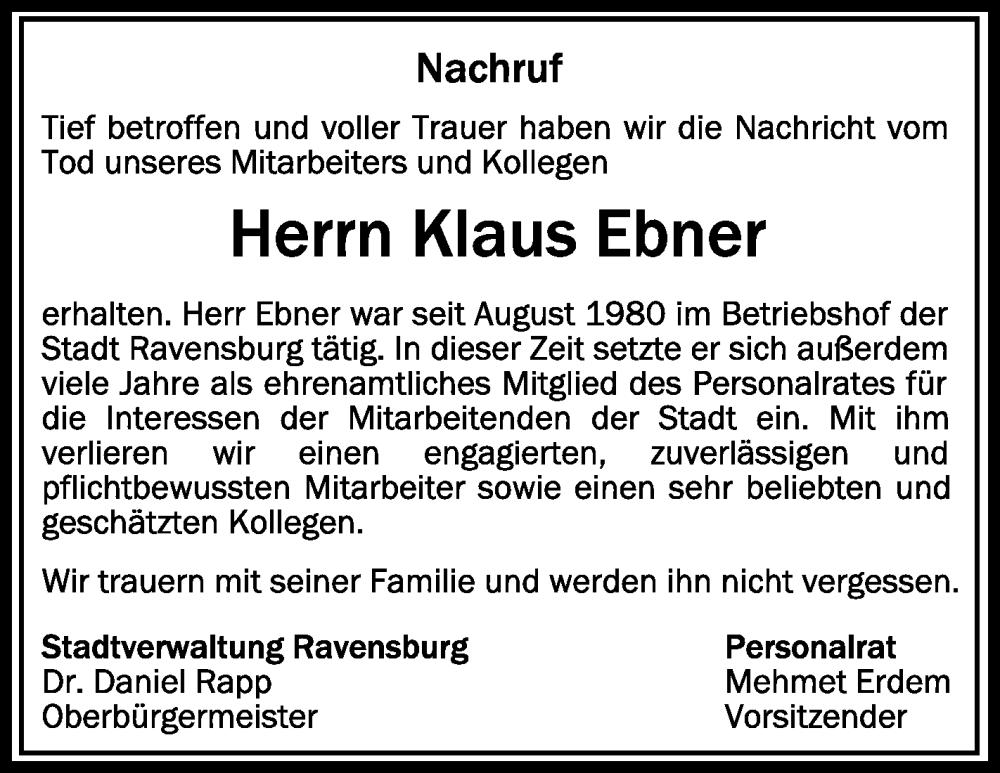  Traueranzeige für Klaus Ebner vom 06.05.2023 aus Schwäbische Zeitung