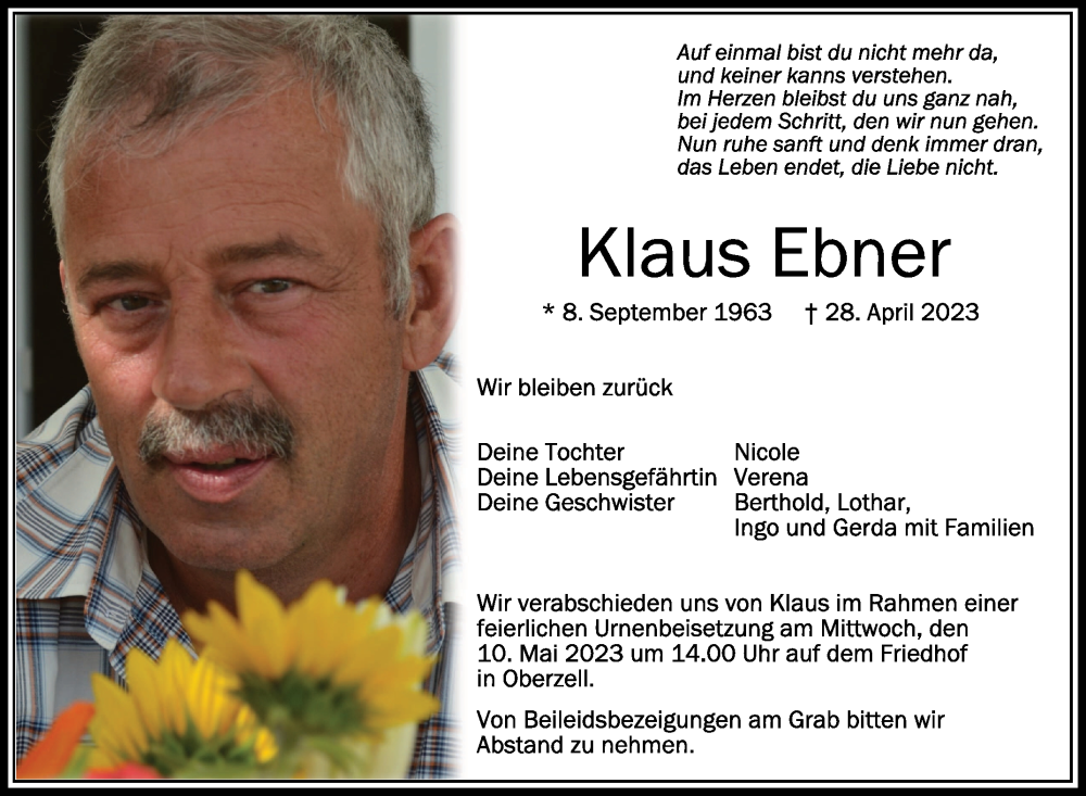  Traueranzeige für Klaus Ebner vom 06.05.2023 aus Schwäbische Zeitung