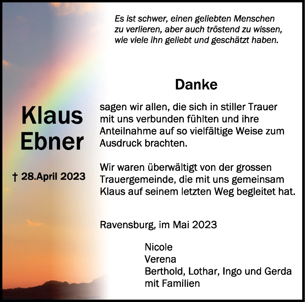  Traueranzeige für Klaus Ebner vom 27.05.2023 aus Schwäbische Zeitung