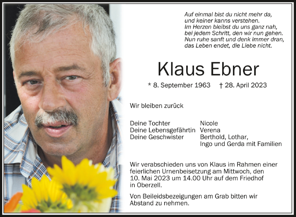  Traueranzeige für Klaus Ebner vom 09.05.2023 aus Schwäbische Zeitung