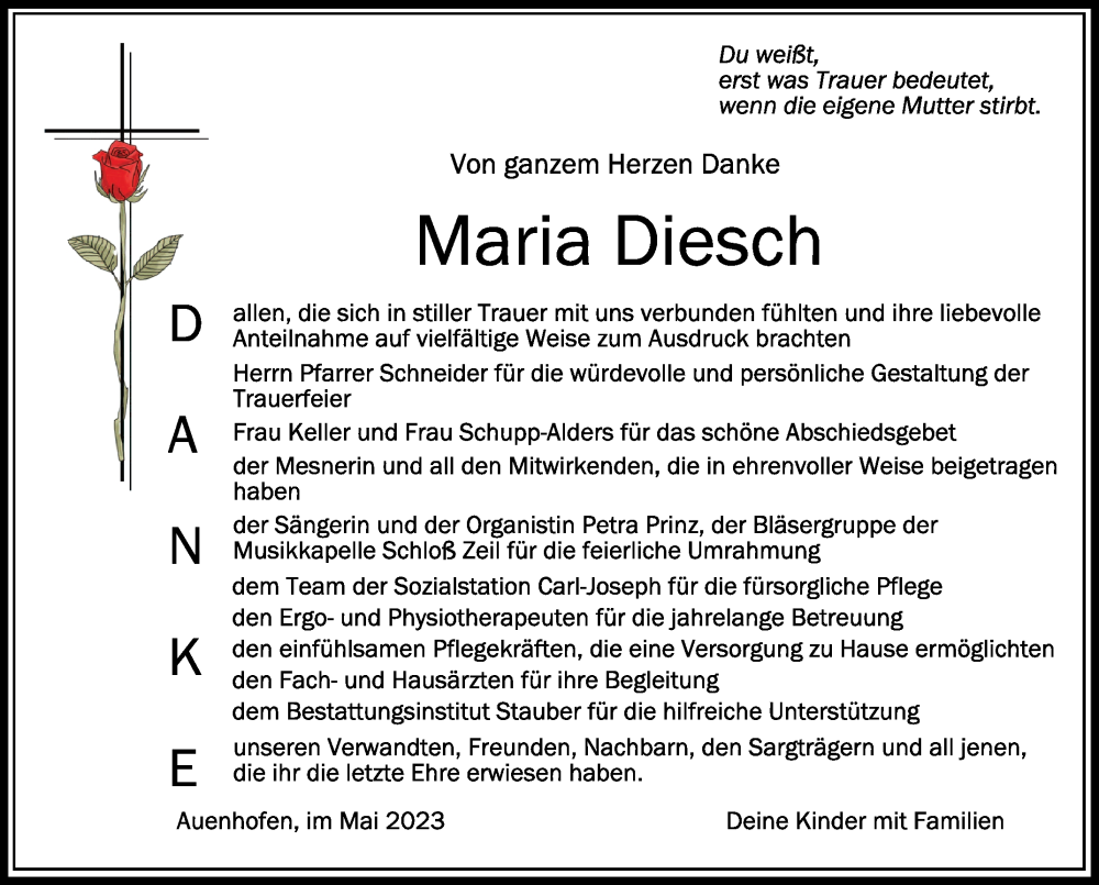  Traueranzeige für Maria Diesch vom 27.05.2023 aus Schwäbische Zeitung