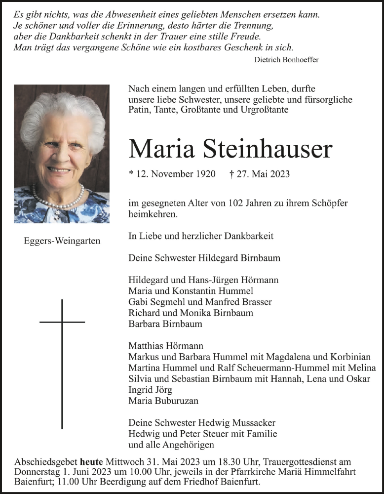  Traueranzeige für Maria Steinhauser vom 31.05.2023 aus Schwäbische Zeitung
