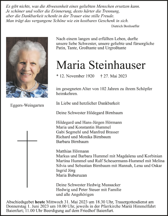 Anzeige von Maria Steinhauser von Schwäbische Zeitung