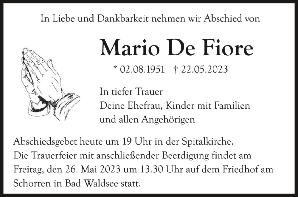  Traueranzeige für Mario De Fiore vom 25.05.2023 aus Schwäbische Zeitung
