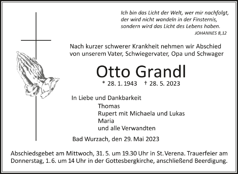  Traueranzeige für Otto Grandl vom 31.05.2023 aus Schwäbische Zeitung