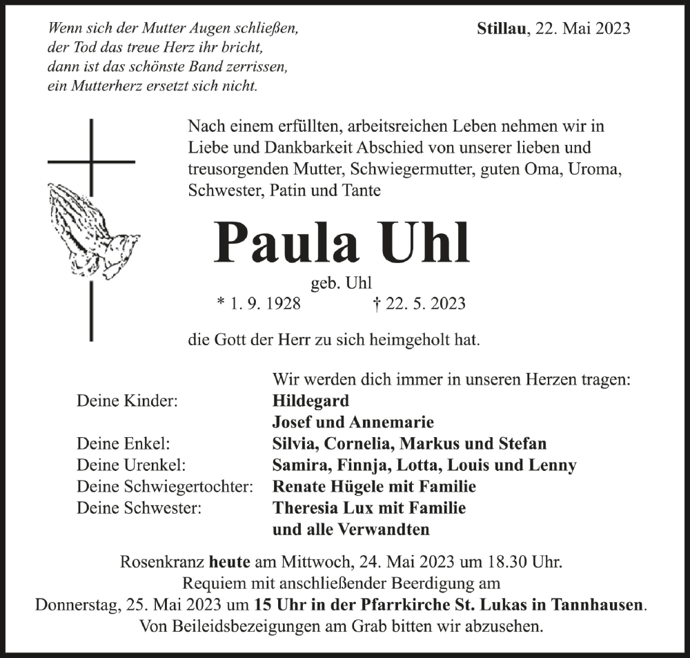  Traueranzeige für Paula Uhl vom 24.05.2023 aus Schwäbische Zeitung