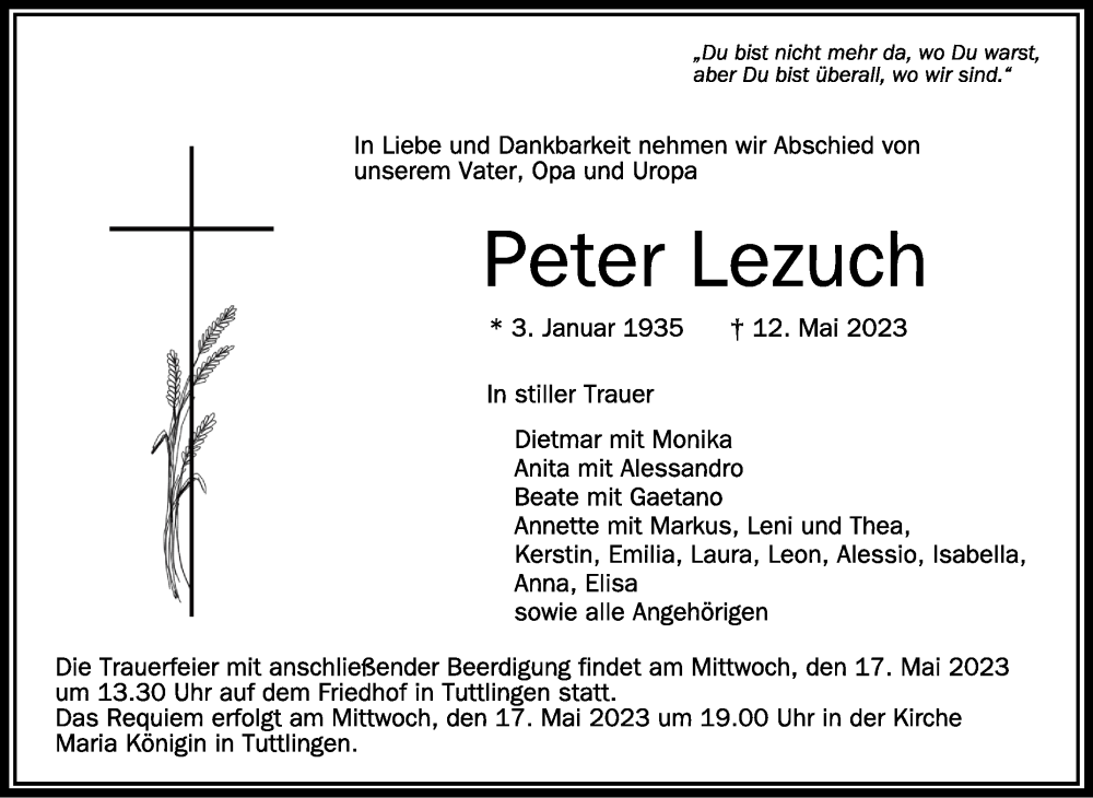  Traueranzeige für Peter Lezuch vom 16.05.2023 aus Schwäbische Zeitung