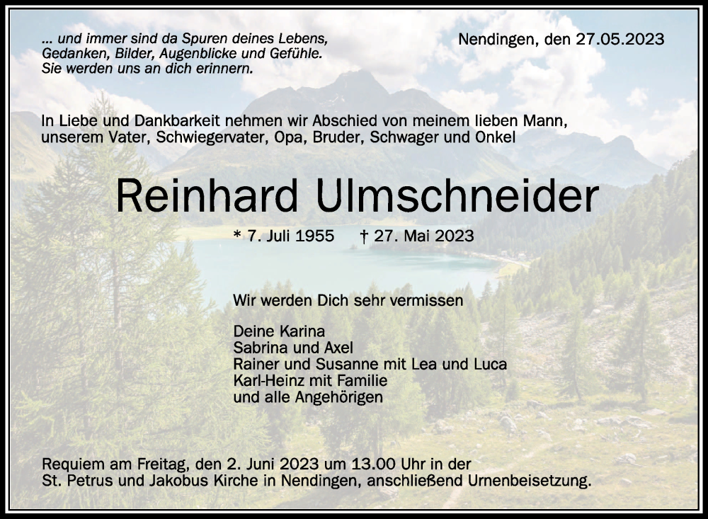  Traueranzeige für Reinhard Ulmschneider vom 31.05.2023 aus Schwäbische Zeitung