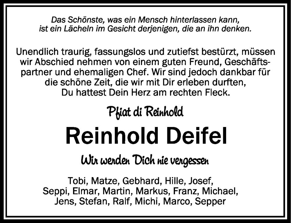  Traueranzeige für Reinhold Deifel vom 17.05.2023 aus Schwäbische Zeitung