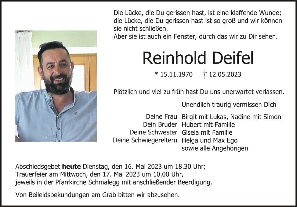  Traueranzeige für Reinhold Deifel vom 16.05.2023 aus Schwäbische Zeitung