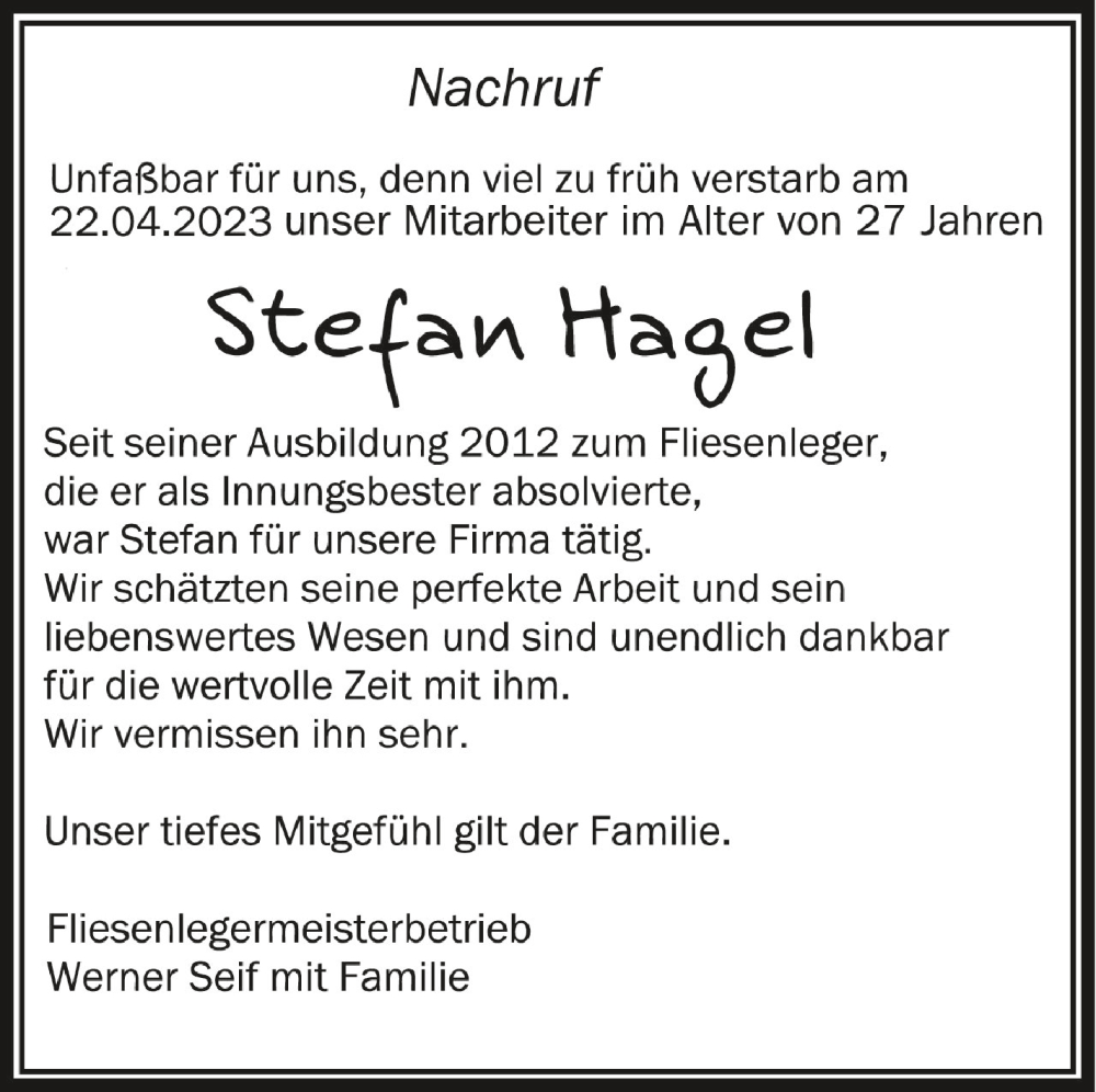  Traueranzeige für Stefan Hagel vom 13.05.2023 aus Schwäbische Zeitung