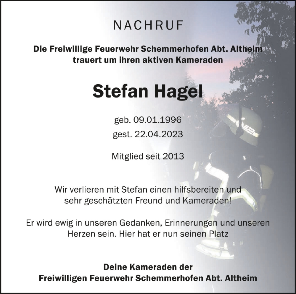  Traueranzeige für Stefan Hagel vom 11.05.2023 aus Schwäbische Zeitung