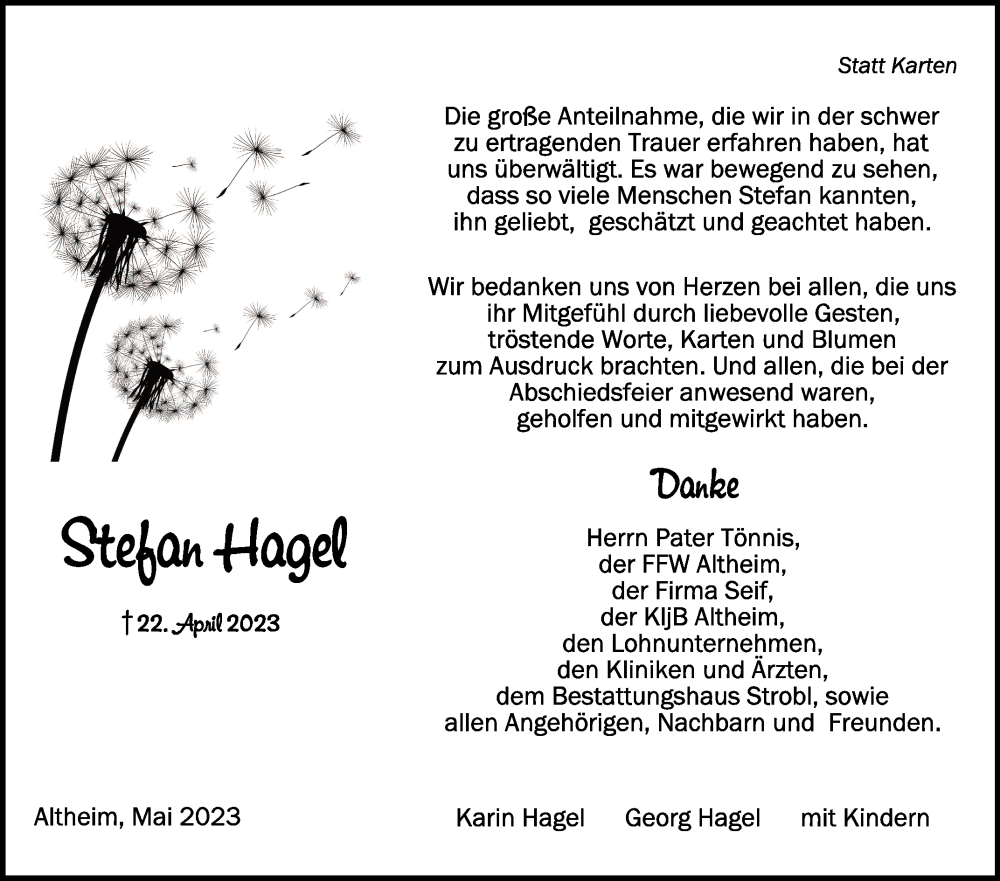  Traueranzeige für Stefan Hagel vom 20.05.2023 aus Schwäbische Zeitung