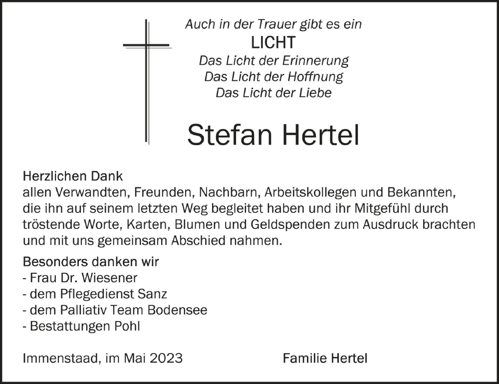  Traueranzeige für Stefan Hertel vom 06.05.2023 aus Schwäbische Zeitung