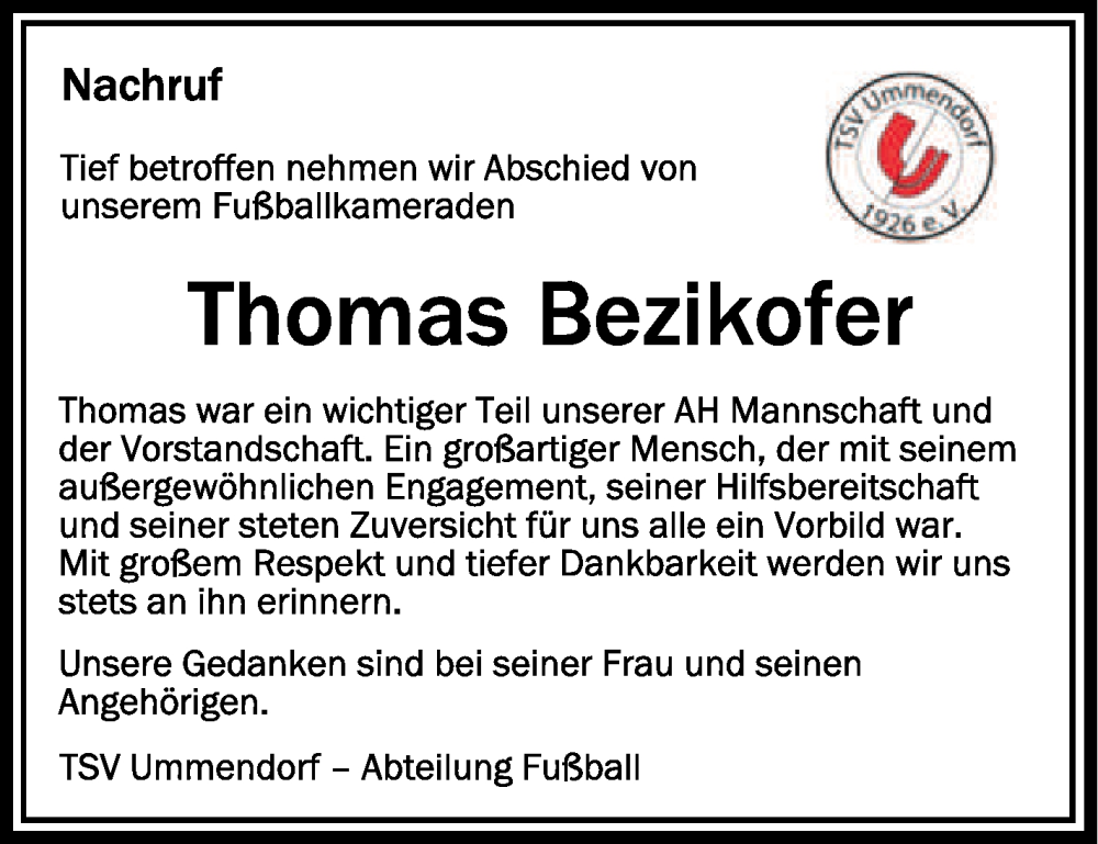  Traueranzeige für Thomas Bezikofer vom 13.05.2023 aus Schwäbische Zeitung