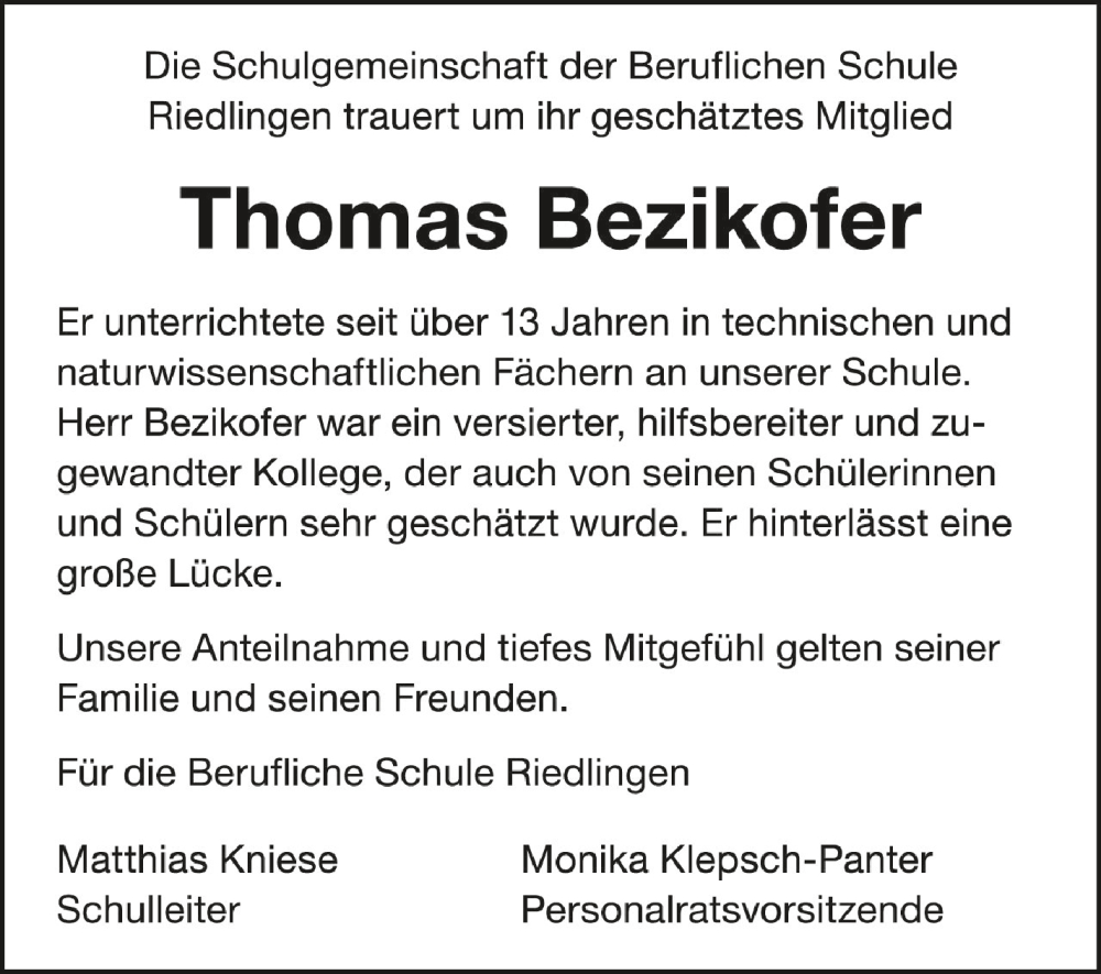  Traueranzeige für Thomas Bezikofer vom 20.05.2023 aus Schwäbische Zeitung
