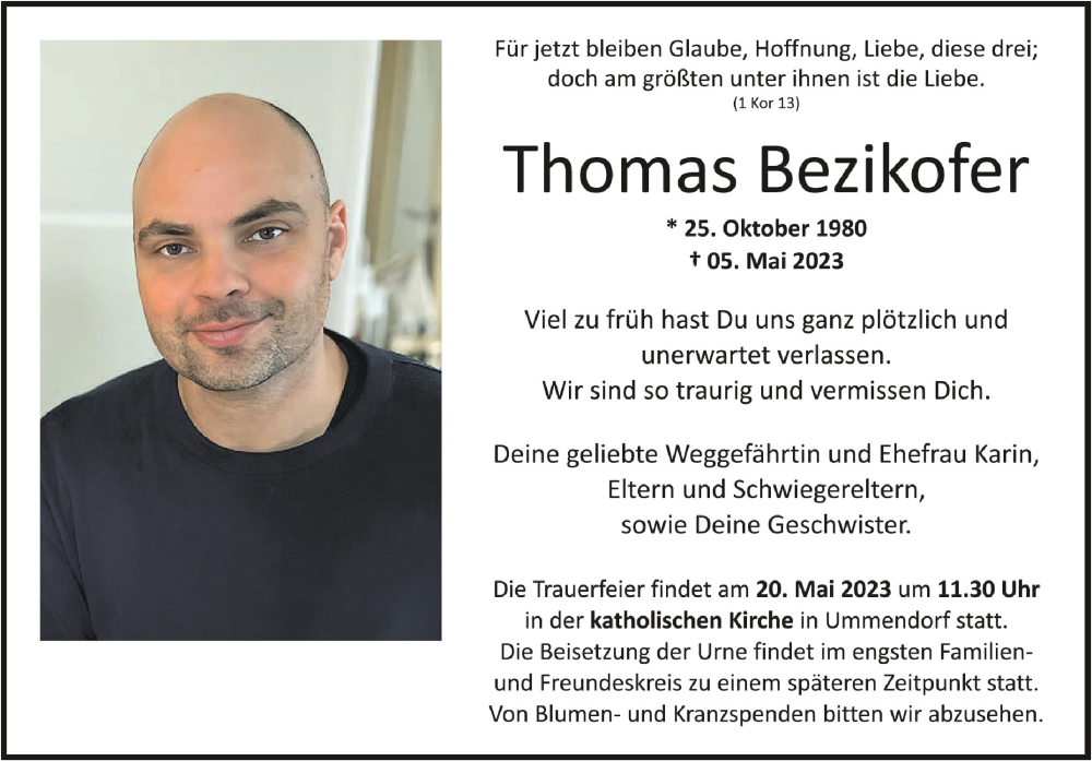  Traueranzeige für Thomas Bezikofer vom 13.05.2023 aus Schwäbische Zeitung