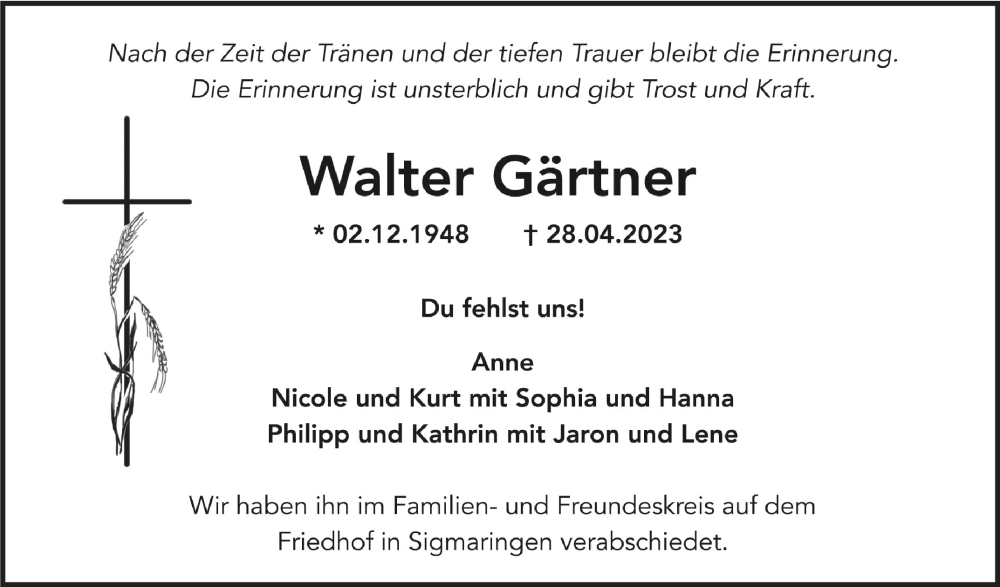  Traueranzeige für Walter Gärtner vom 06.05.2023 aus Schwäbische Zeitung