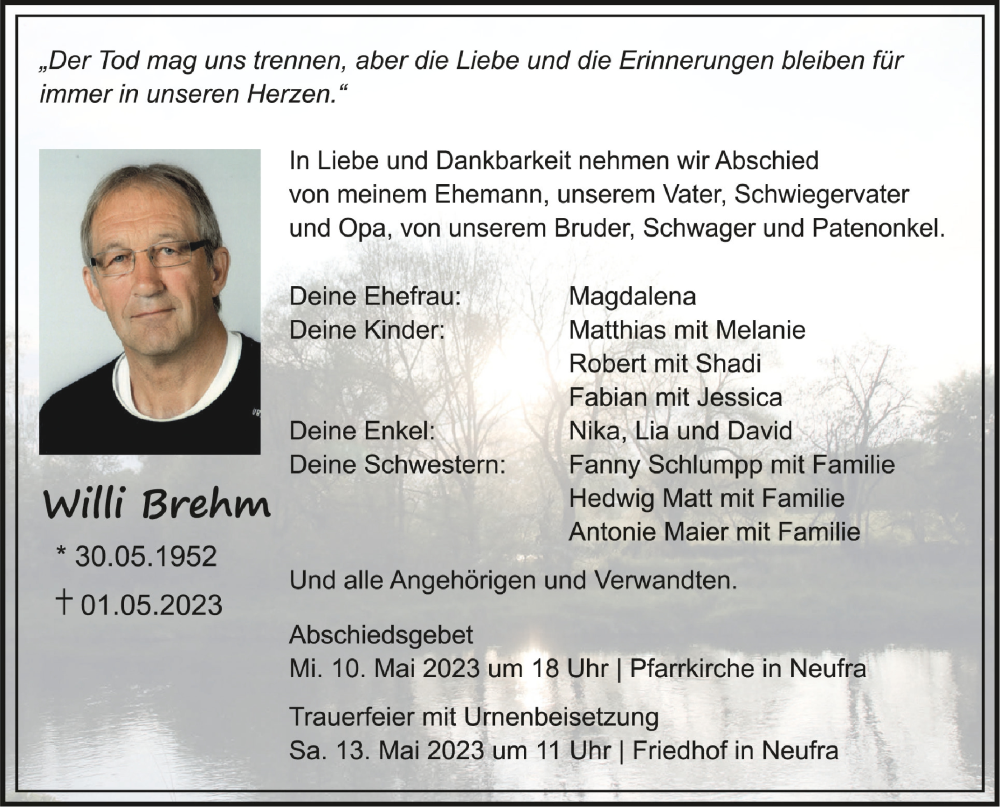  Traueranzeige für Willi Brehm vom 08.05.2023 aus Schwäbische Zeitung