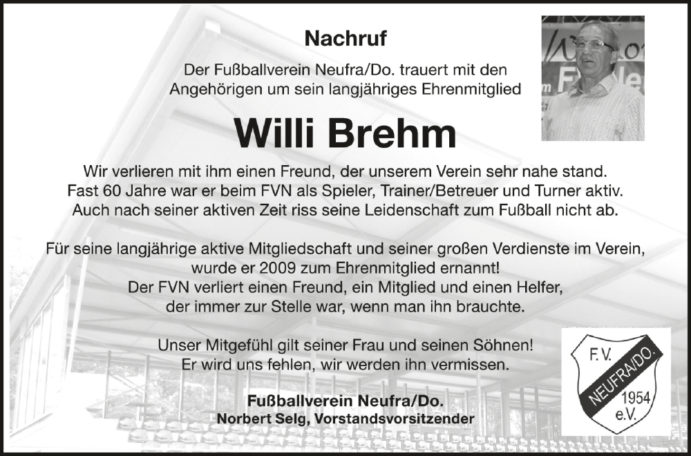  Traueranzeige für Willi Brehm vom 12.05.2023 aus Schwäbische Zeitung