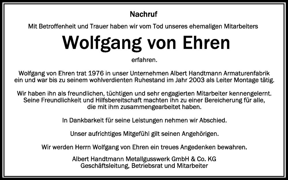 Traueranzeigen von Wolfgang von Ehren | schwaebische.de Trauerportal