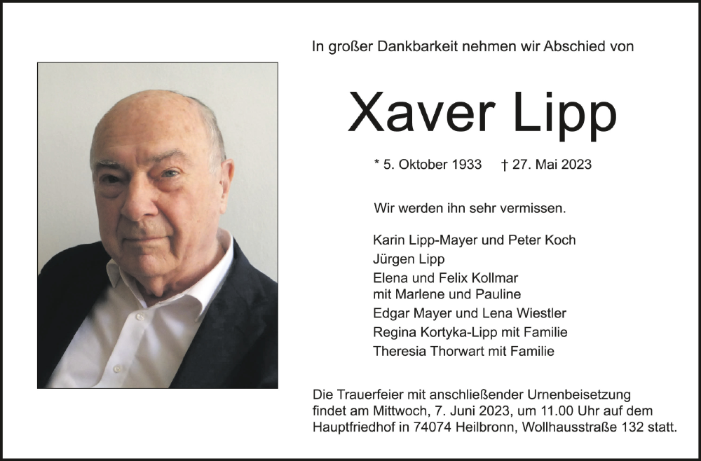 Traueranzeige für Xaver Lipp vom 31.05.2023 aus Schwäbische Zeitung