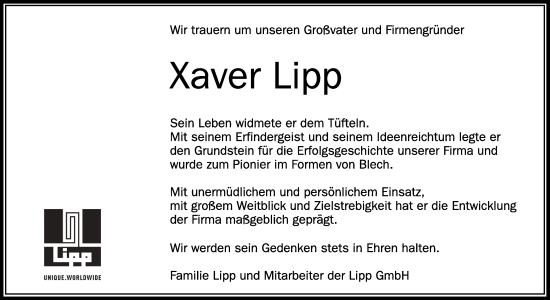 Anzeige von Xaver Lipp von Schwäbische Zeitung