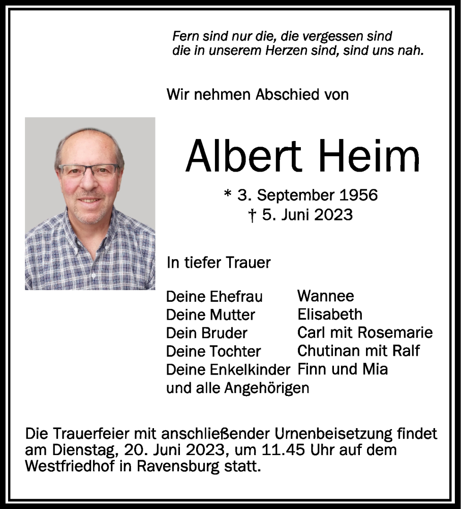  Traueranzeige für Albert Heim vom 10.06.2023 aus Schwäbische Zeitung