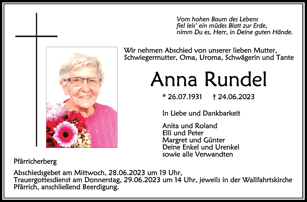  Traueranzeige für Anna Rundel vom 27.06.2023 aus Schwäbische Zeitung