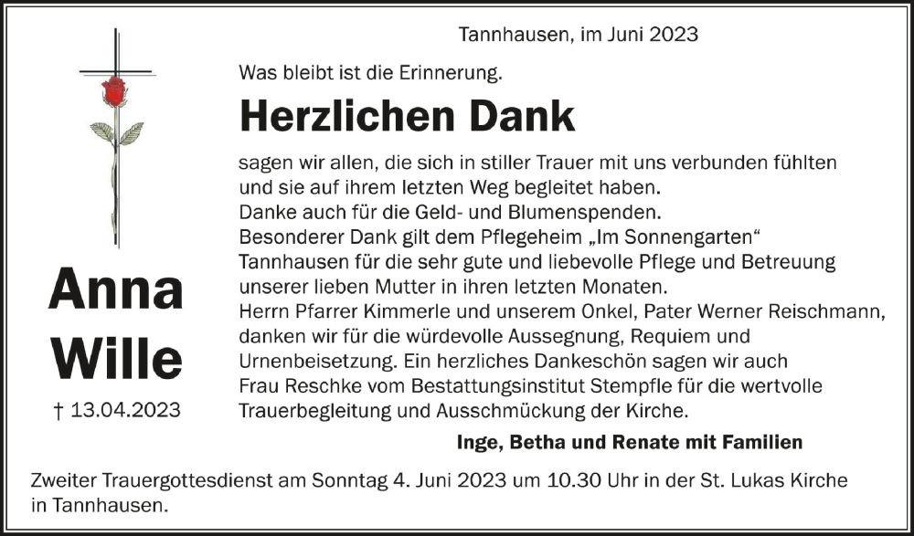  Traueranzeige für Anna Wille vom 01.06.2023 aus Schwäbische Zeitung