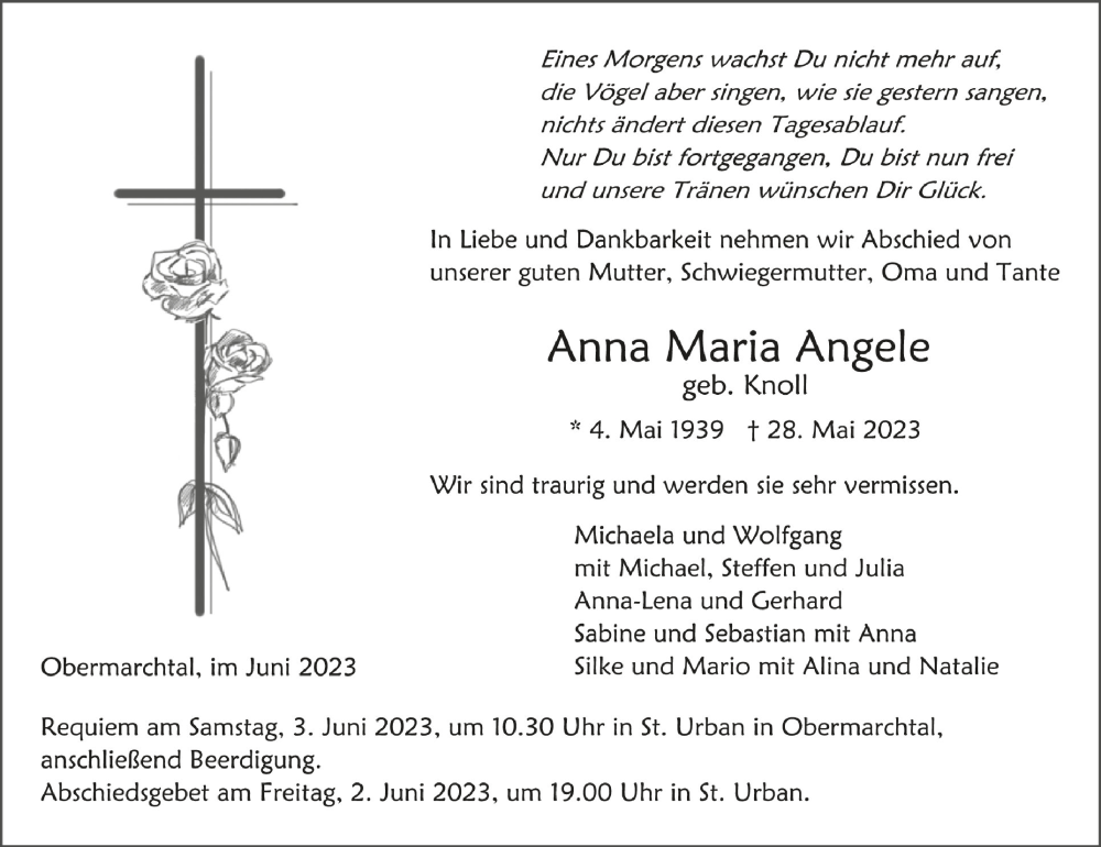  Traueranzeige für Anna Maria Angele vom 01.06.2023 aus Schwäbische Zeitung
