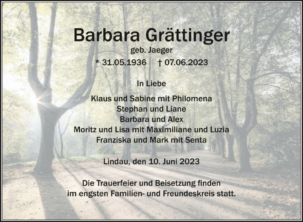  Traueranzeige für Barbara Grättinger vom 10.06.2023 aus Schwäbische Zeitung