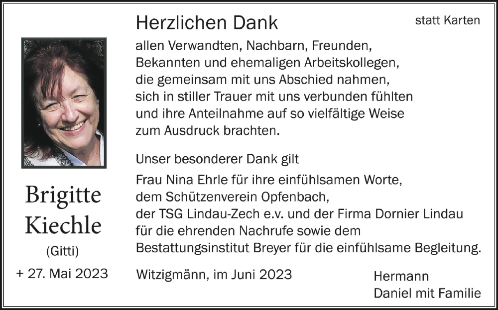  Traueranzeige für Brigitte Kiechle vom 17.06.2023 aus Schwäbische Zeitung