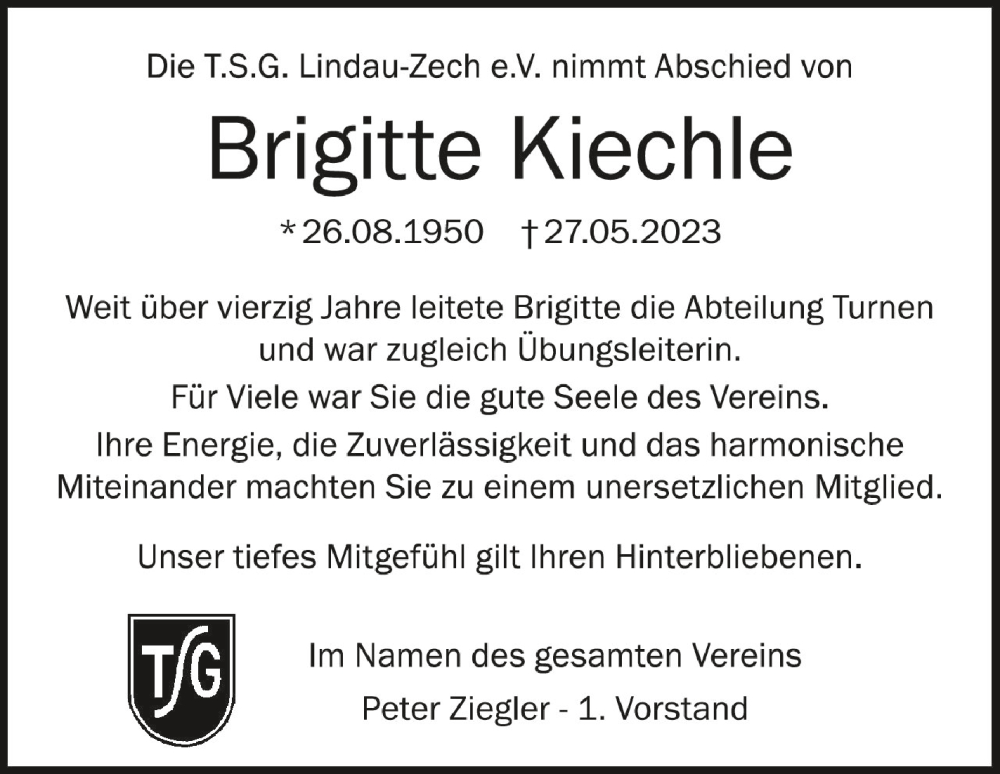  Traueranzeige für Brigitte Kiechle vom 02.06.2023 aus Schwäbische Zeitung