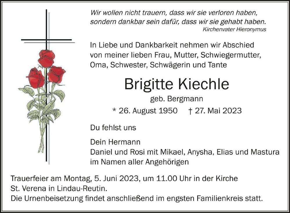  Traueranzeige für Brigitte Kiechle vom 01.06.2023 aus Schwäbische Zeitung