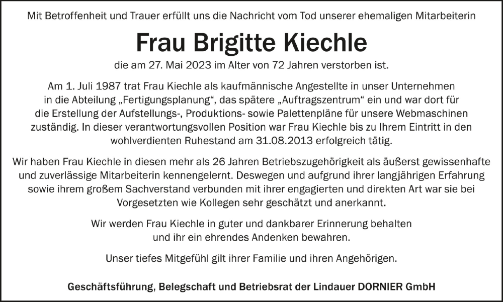  Traueranzeige für Brigitte Kiechle vom 06.06.2023 aus Schwäbische Zeitung