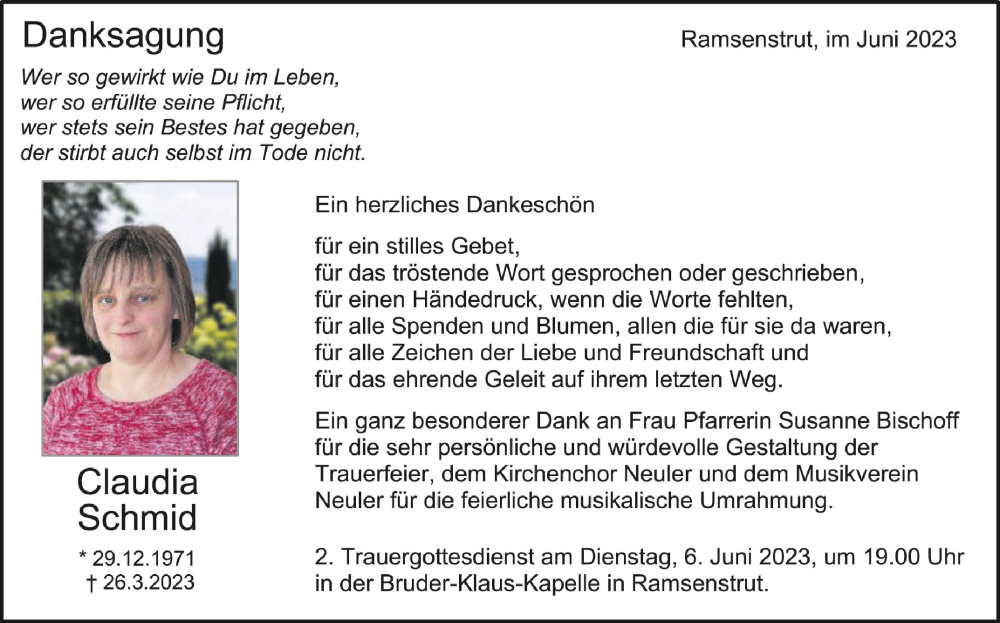  Traueranzeige für Claudia Schmid vom 03.06.2023 aus Schwäbische Zeitung