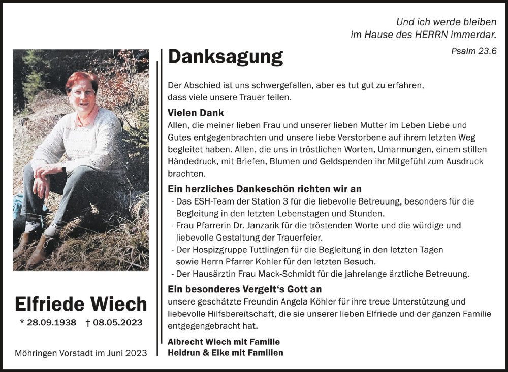  Traueranzeige für Elfriede Wiech vom 10.06.2023 aus Schwäbische Zeitung