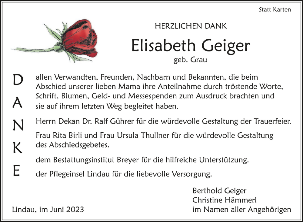  Traueranzeige für Elisabeth Geiger vom 03.06.2023 aus Schwäbische Zeitung