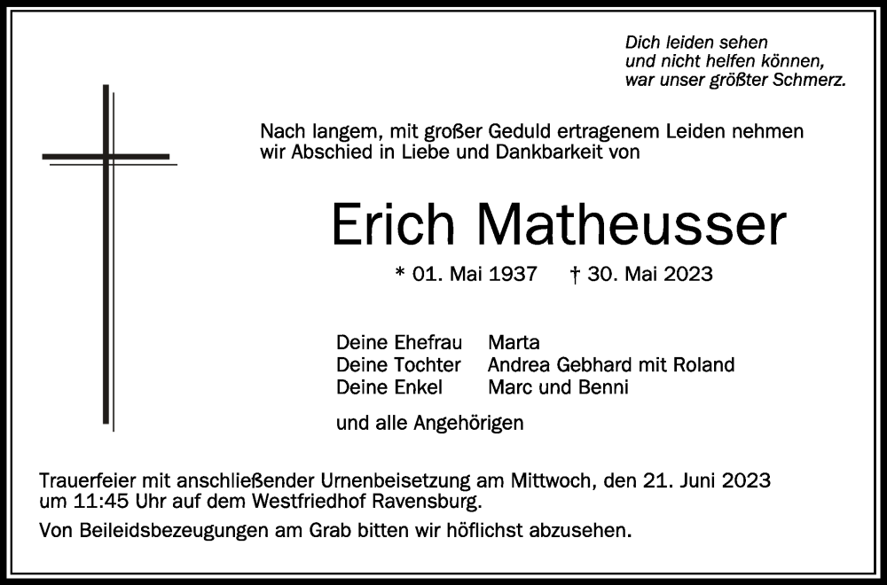  Traueranzeige für Erich Matheusser vom 17.06.2023 aus Schwäbische Zeitung