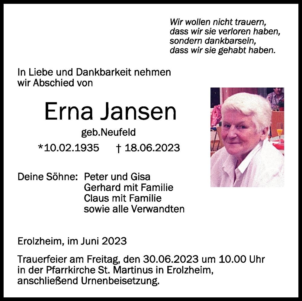 Traueranzeigen von Erna Jansen | schwaebische.de Trauerportal