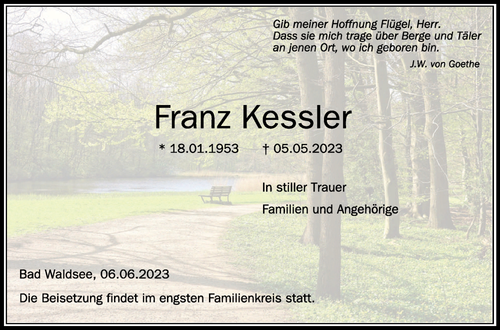  Traueranzeige für Franz Kessler vom 06.06.2023 aus Schwäbische Zeitung