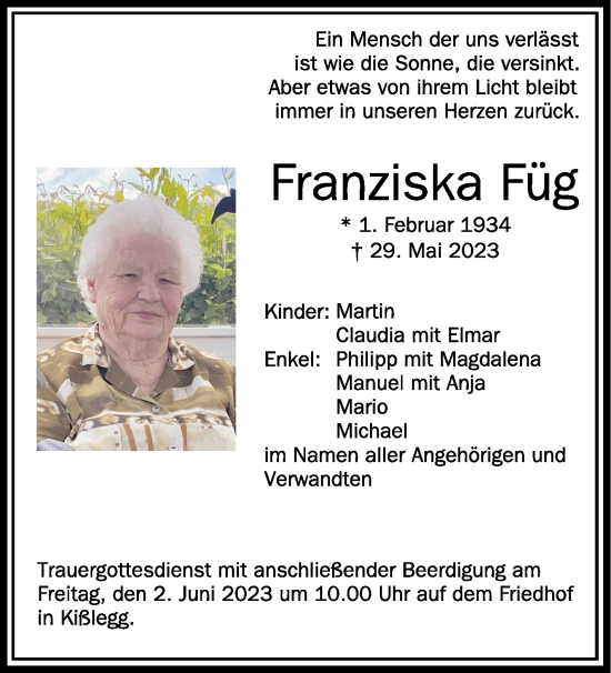 Anzeige von Franziska Füg von Schwäbische Zeitung